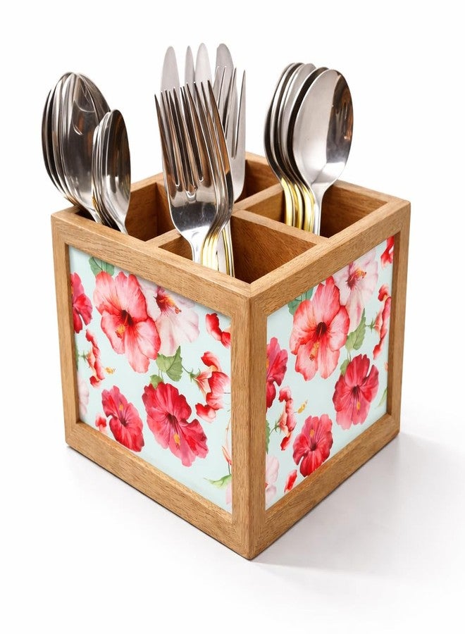 Nutcase Wooden Cutlery Stand Holder Silverware Caddy Spoons Forks Knives Organizer for Dining Table & Kitchen -Made in India-Spoons NOT Included - Hibiscus with White Background - Image 1